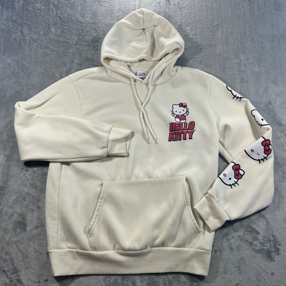 Hello Kitty Sanrio Hoodie Women Large Cream Graphic Knit Pullover Kawaii Graphic